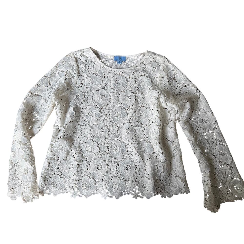 CeCe Womens White Floral Lace Blouse Size Medium Long Sleeve Scalloped Boho Top